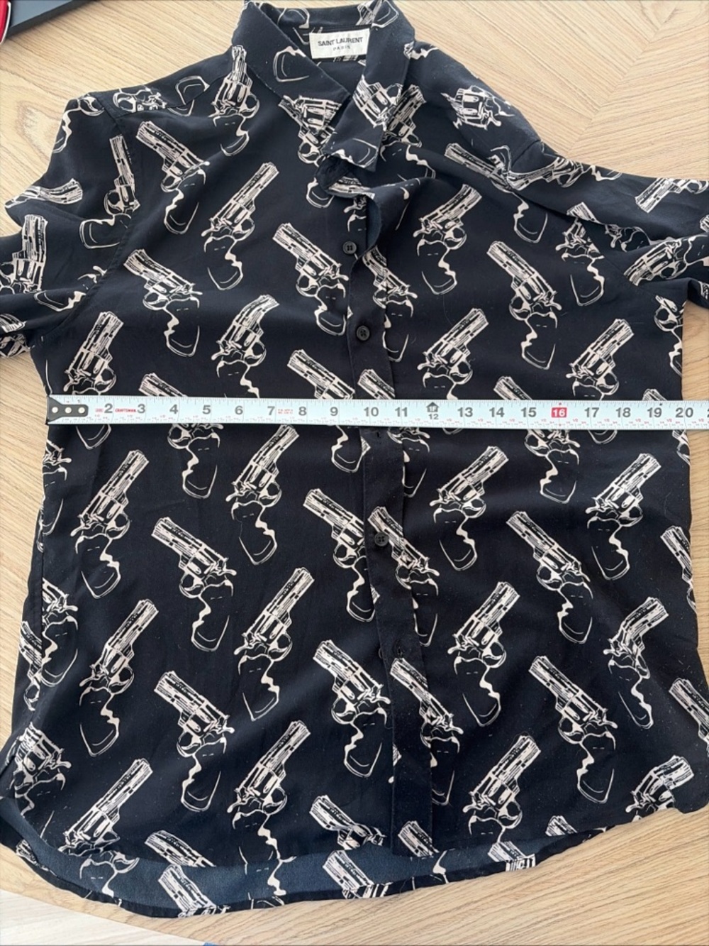Saint Laurent SILK Black Button-Down Shirt with Ivory Revolver Print - Picture 5 of 9